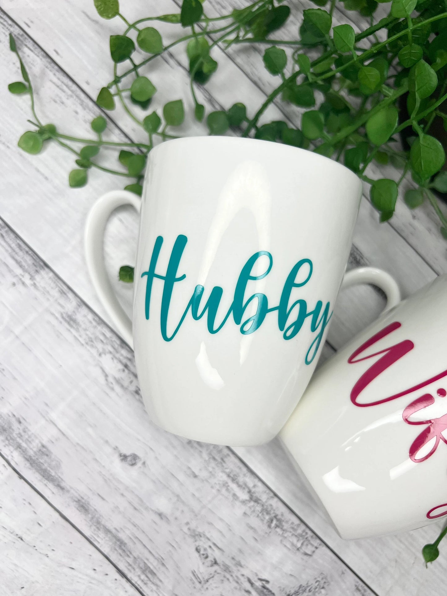 Hubby and Wifey Magenta and Teal writing 450ml mugs coffee cups parents