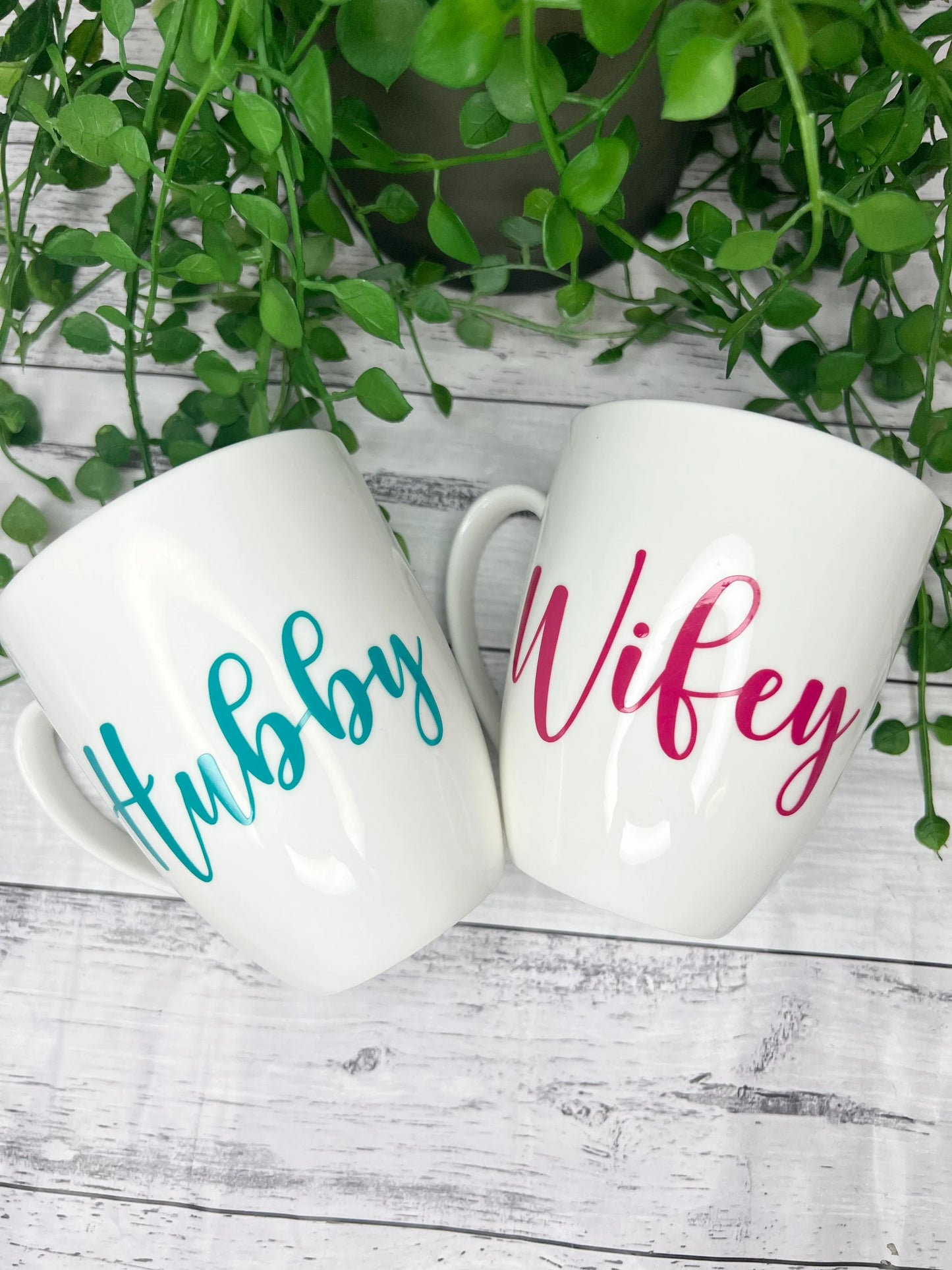 Hubby and Wifey Magenta and Teal writing 450ml mugs coffee cups parents