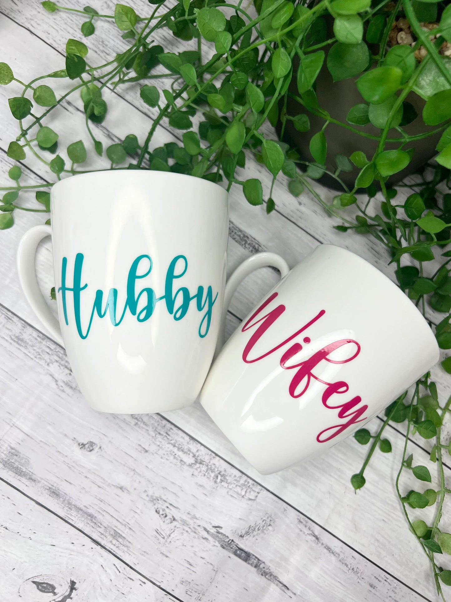 Hubby and Wifey Magenta and Teal writing 450ml mugs coffee cups parents