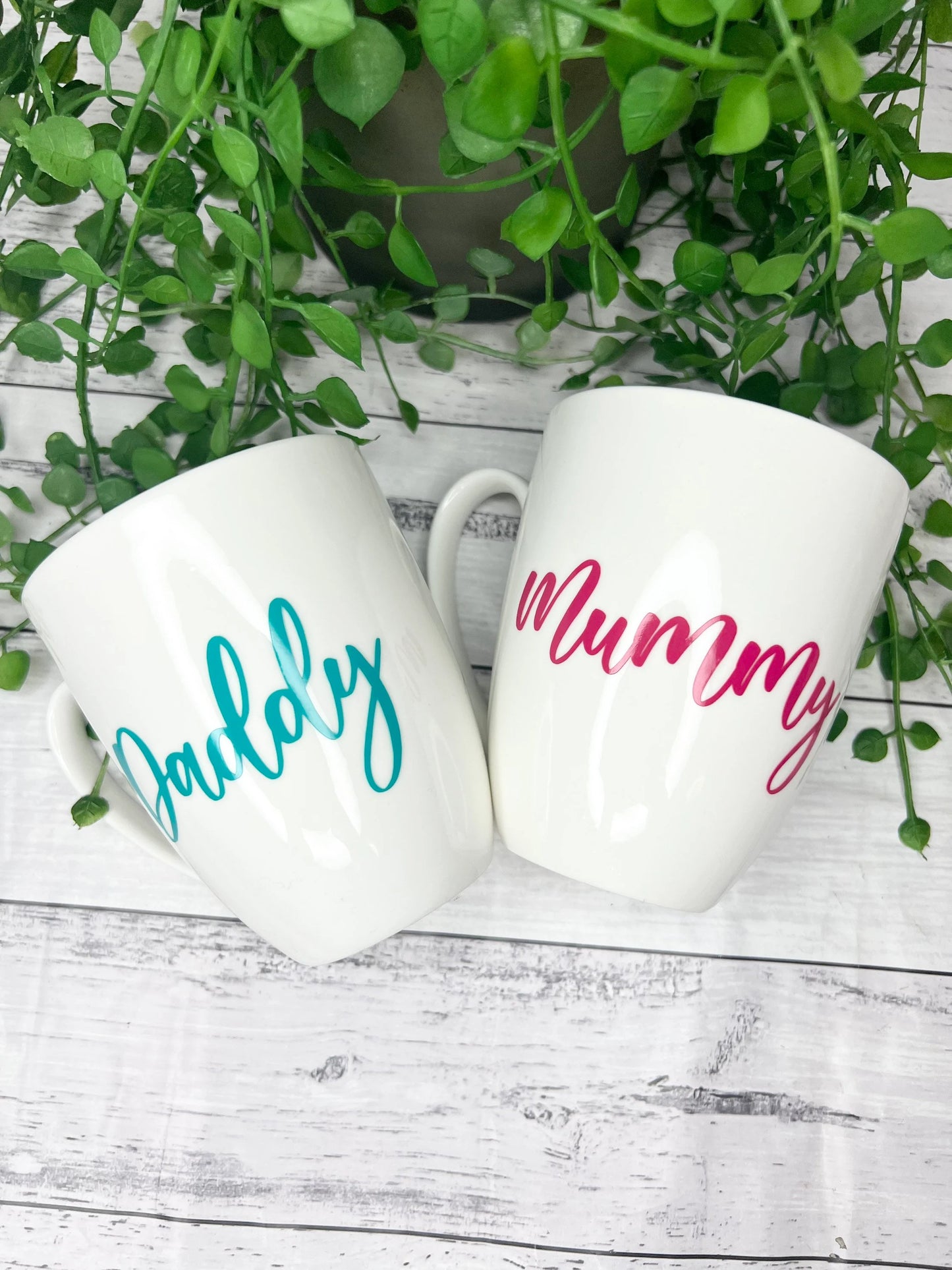 Mummy and Daddy Magenta and Teal writing 450ml  mugs coffee cups parents