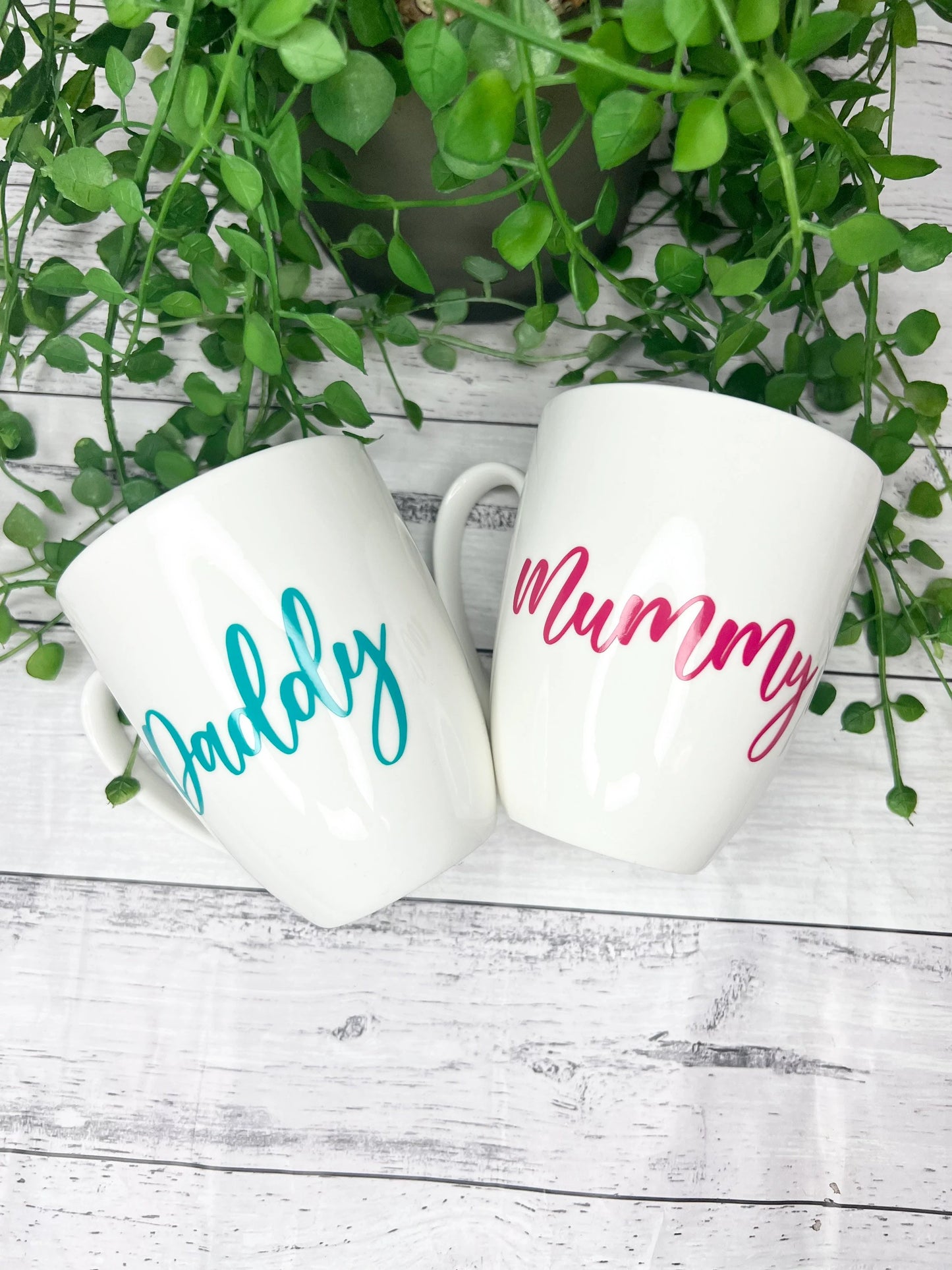 Mummy and Daddy Magenta and Teal writing 450ml  mugs coffee cups parents