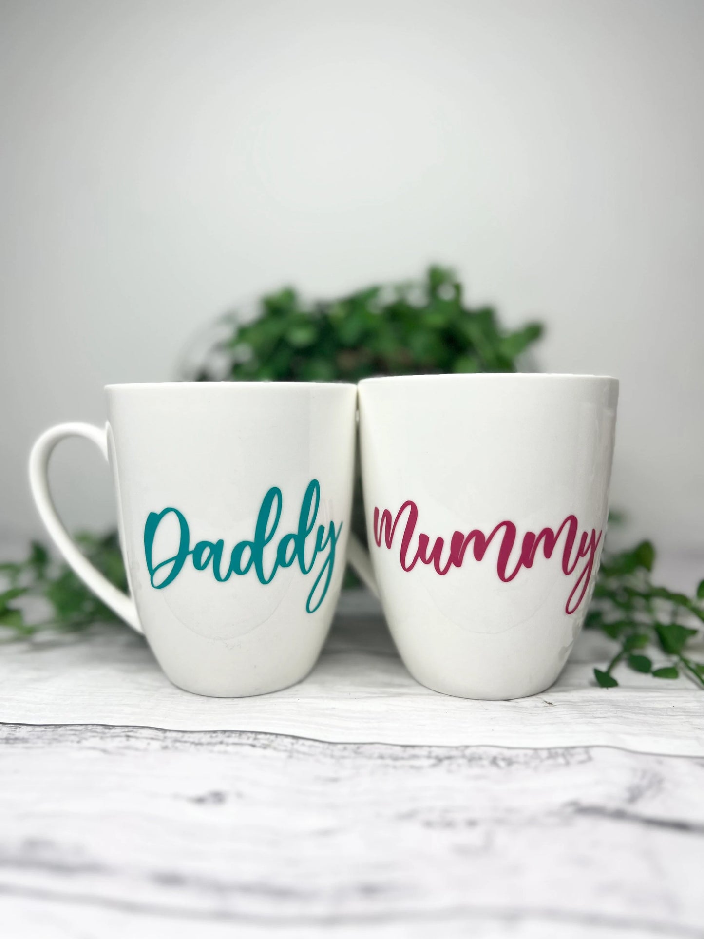 Mummy and Daddy Magenta and Teal writing 450ml  mugs coffee cups parents