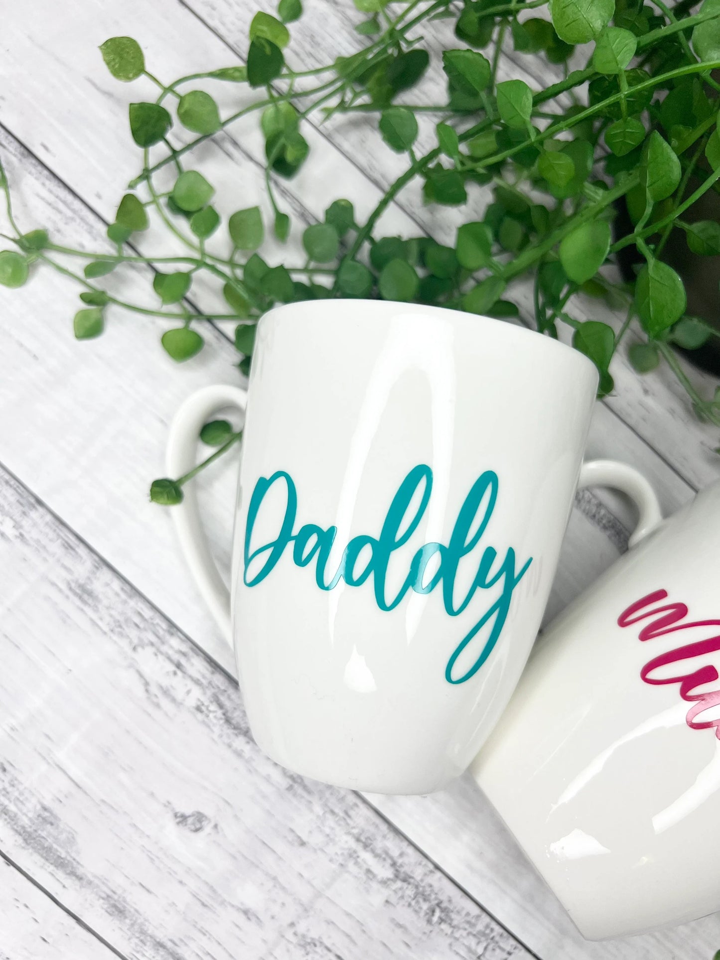 Mummy and Daddy Magenta and Teal writing 450ml  mugs coffee cups parents
