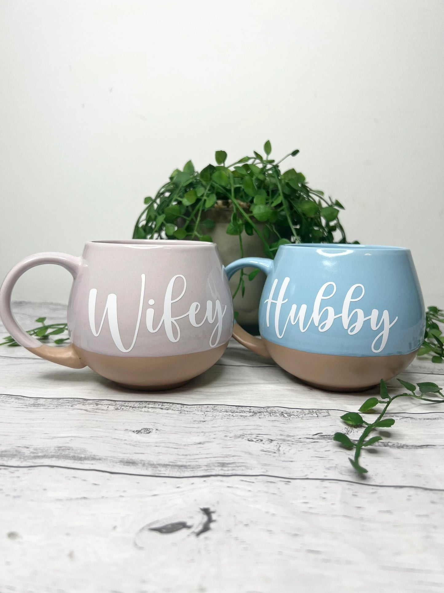 Hubby and Wifey Pink and cream and Blue and cream Hug mugs white set 450ml