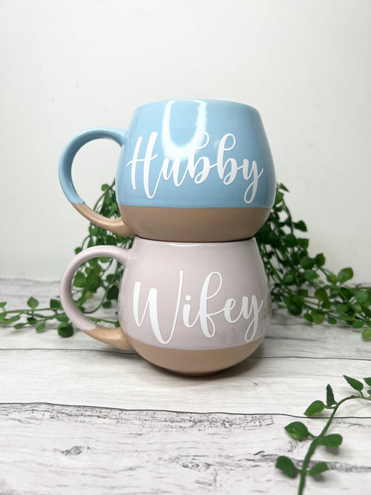 Hubby and Wifey Pink and cream and Blue and cream Hug mugs white set 450ml