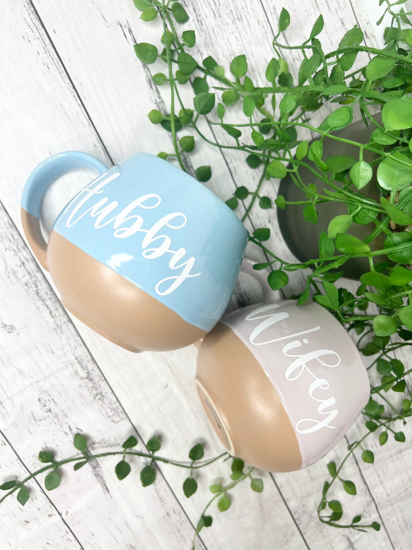 Hubby and Wifey Pink and cream and Blue and cream Hug mugs white set 450ml