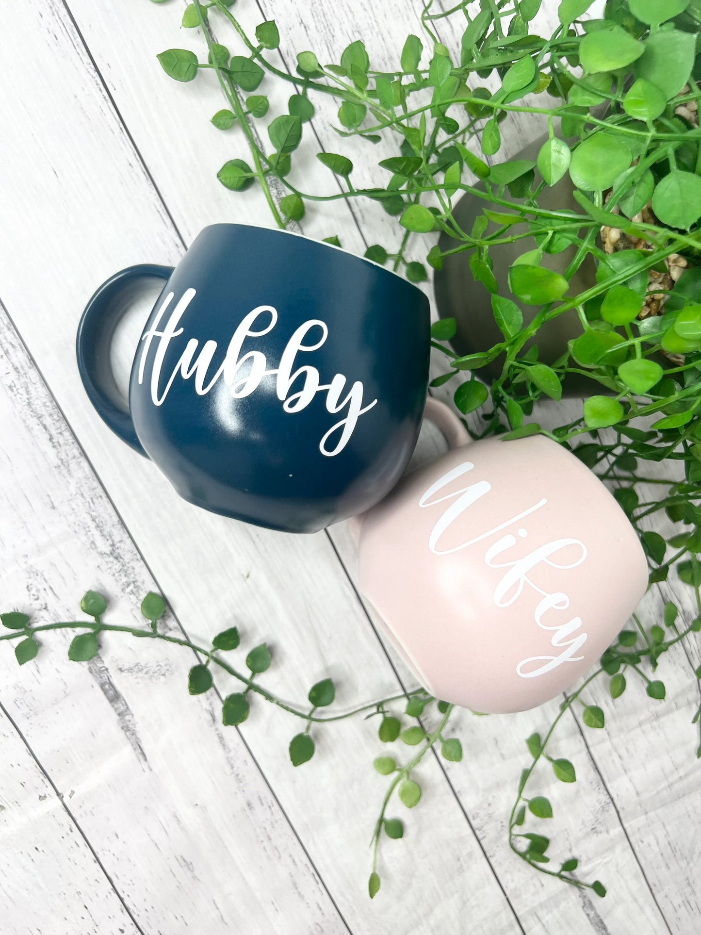 Hubby and Wifey Pink  and Teal  Hug mugs white set 450ml
