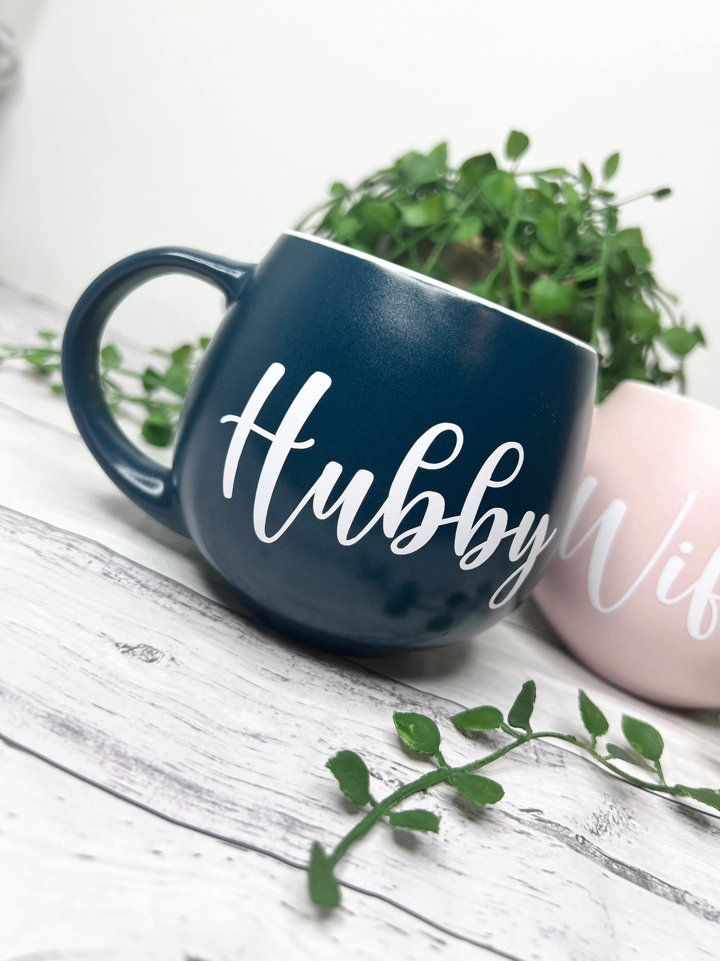 Hubby and Wifey Pink  and Teal  Hug mugs white set 450ml