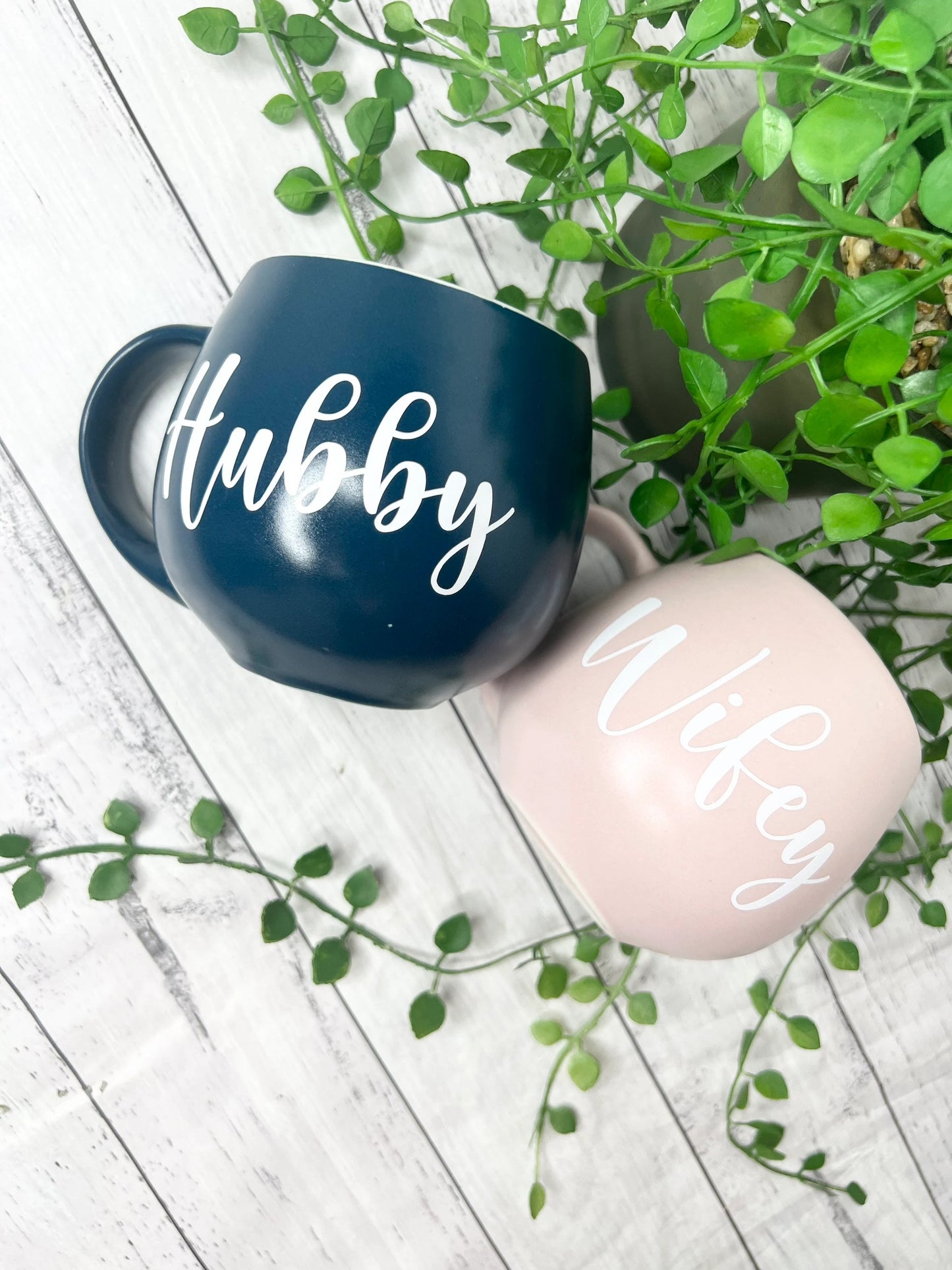 Hubby and Wifey Pink  and Teal  Hug mugs white set 450ml