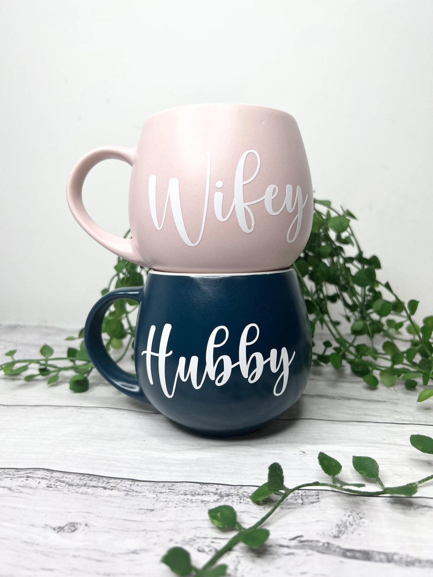 Hubby and Wifey Pink  and Teal  Hug mugs white set 450ml