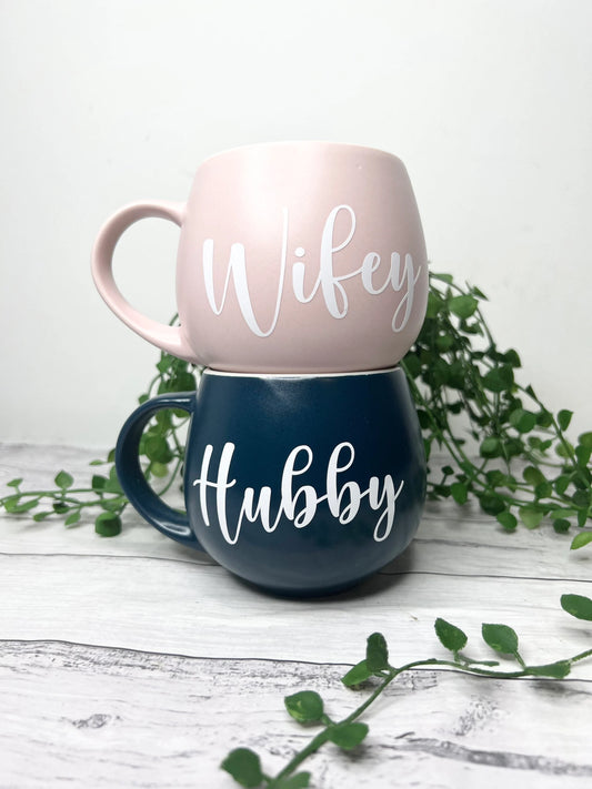 Hubby and Wifey Pink  and Teal  Hug mugs white set 450ml