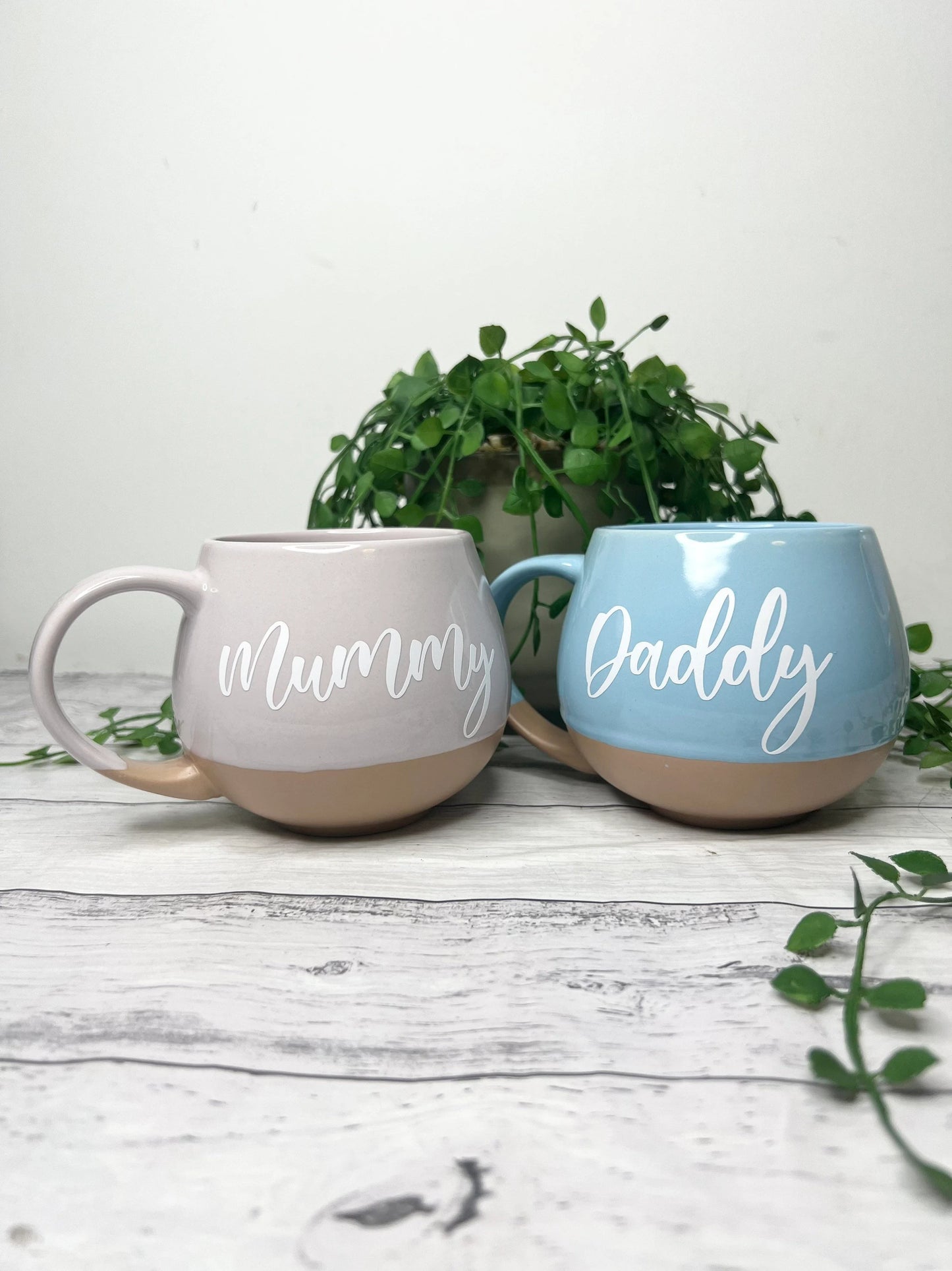 Mummy and Daddy Pink and cream and blue and cream Hug mugs white  set 450ml