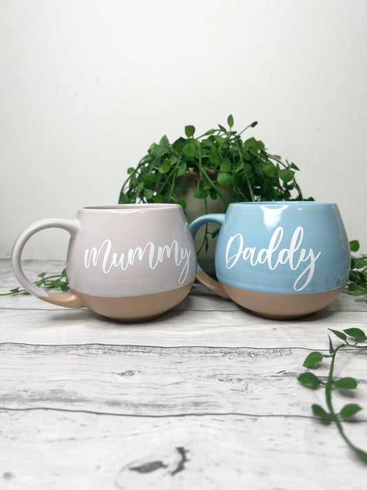 Mummy and Daddy Pink and cream and blue and cream Hug mugs white  set 450ml