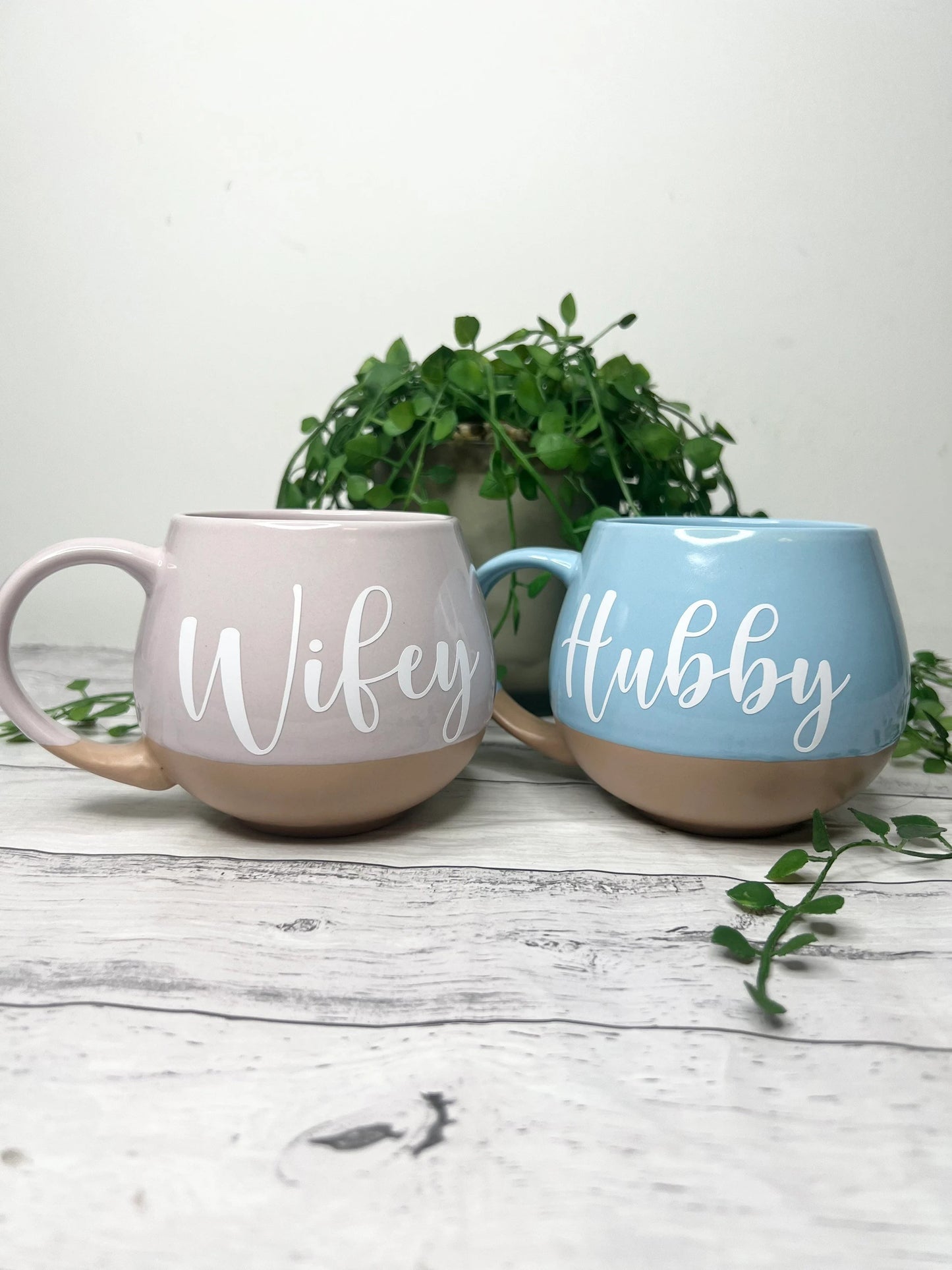 Hubby and Wifey Pink and cream and Blue and cream Hug mugs white set 450ml