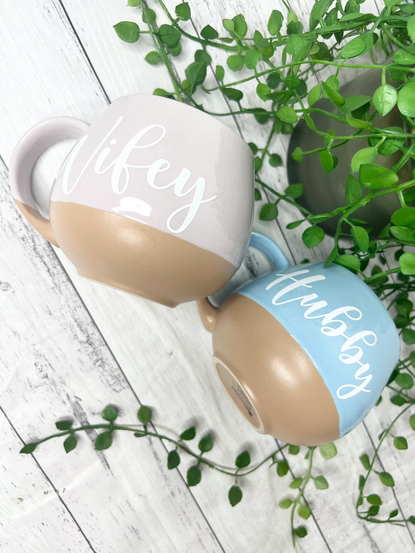 Hubby and Wifey Pink and cream and Blue and cream Hug mugs white set 450ml