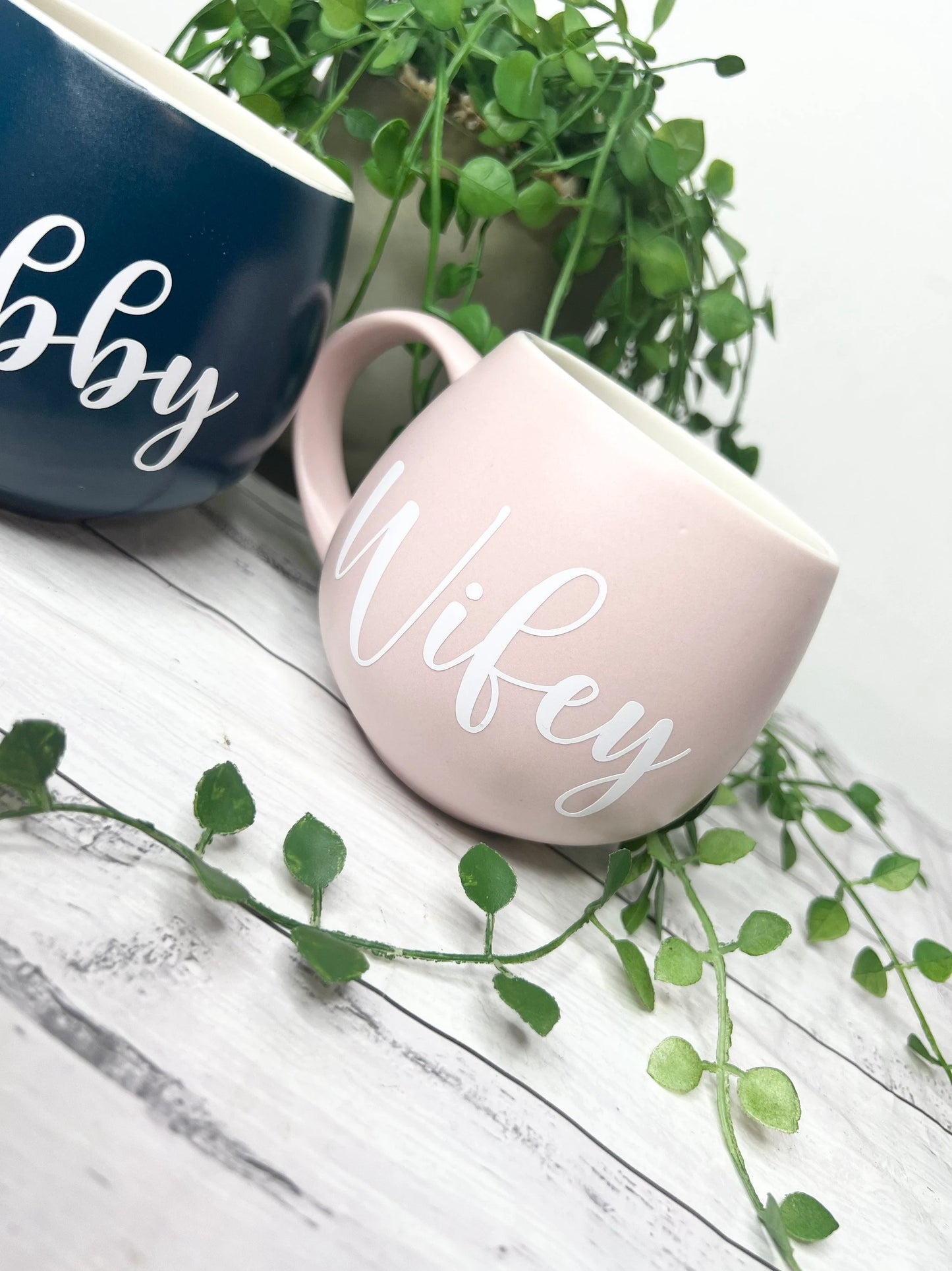 Hubby and Wifey Pink  and Teal  Hug mugs white set 450ml