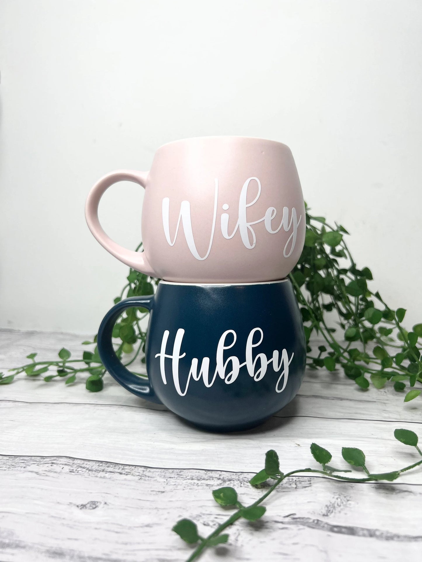 Hubby and Wifey Pink  and Teal  Hug mugs white set 450ml