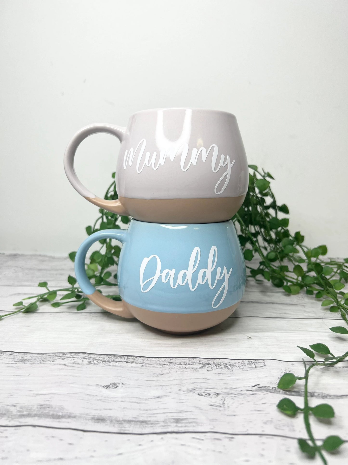 Mummy and Daddy Pink and cream and blue and cream Hug mugs white  set 450ml