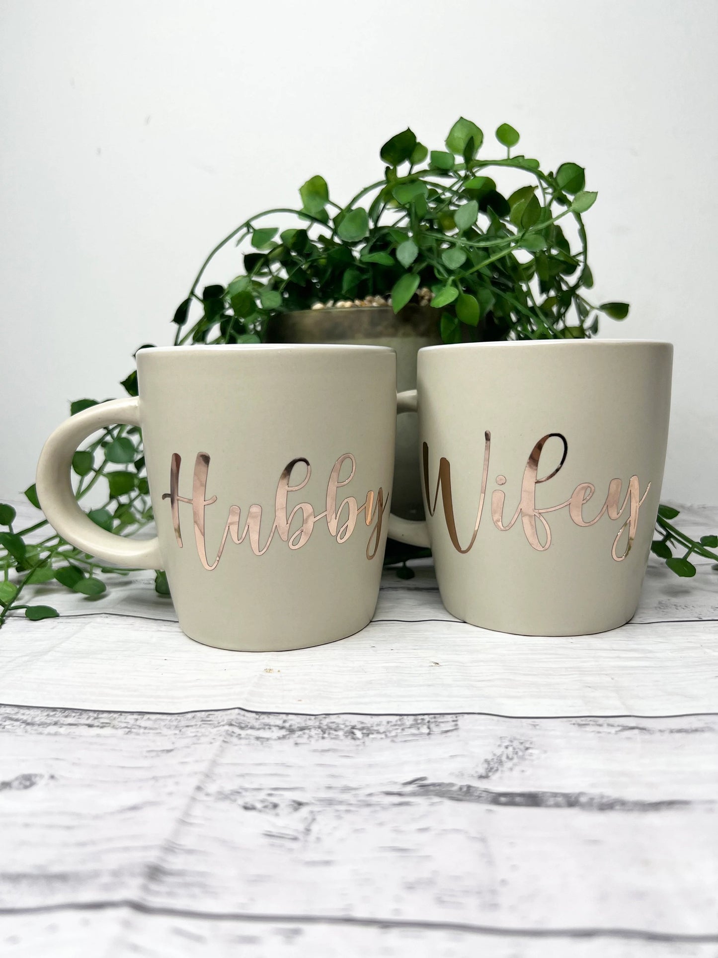 Hubby and Wifey Beige Mugs With Rose Gold writing Mug set 340Ml