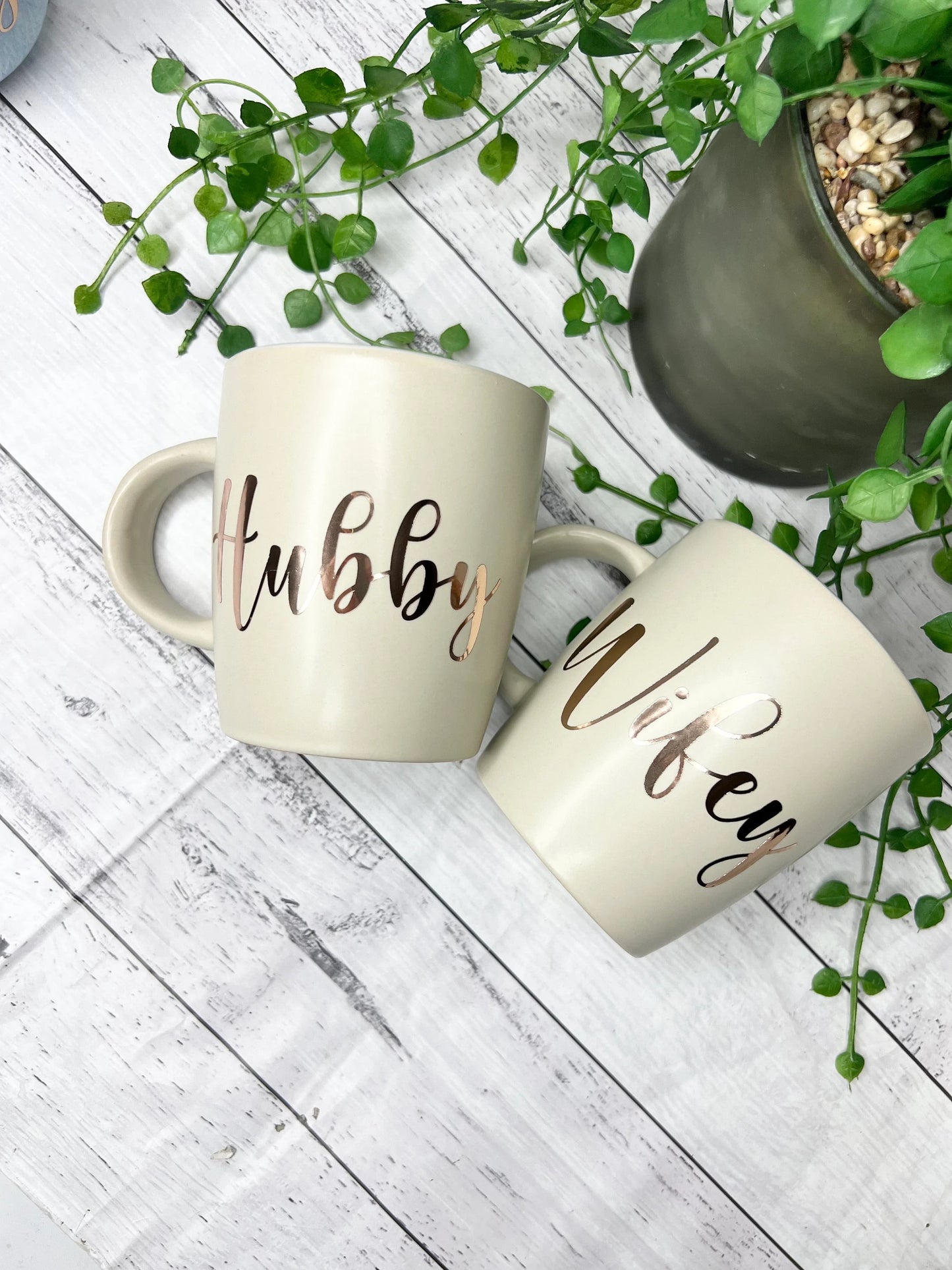 Hubby and Wifey Beige Mugs With Rose Gold writing Mug set 340Ml
