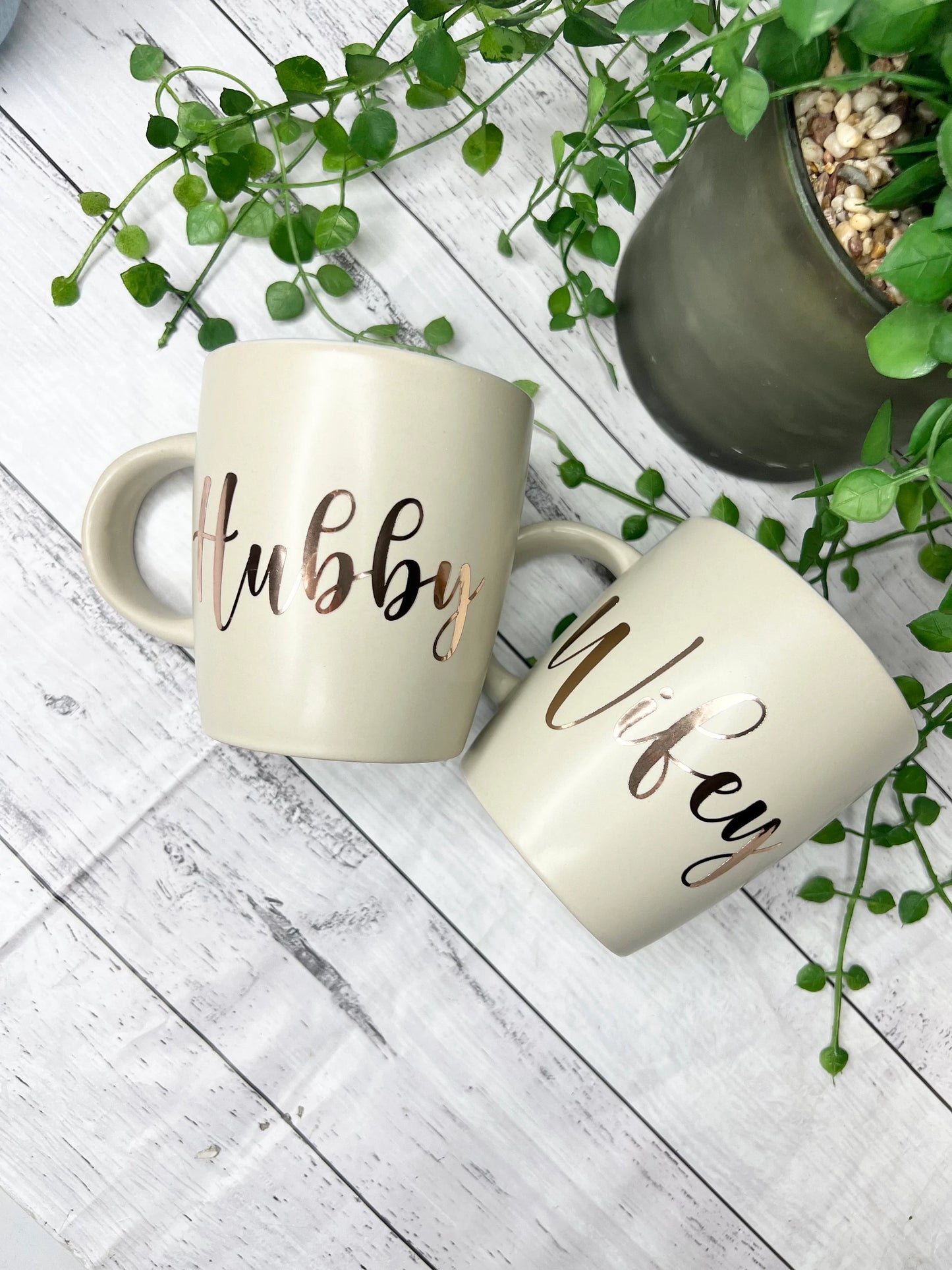 Hubby and Wifey Beige Mugs With Rose Gold writing Mug set 340Ml