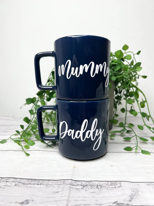 Mummy and Daddy Navy Mugs With White writing Mug set 320ml