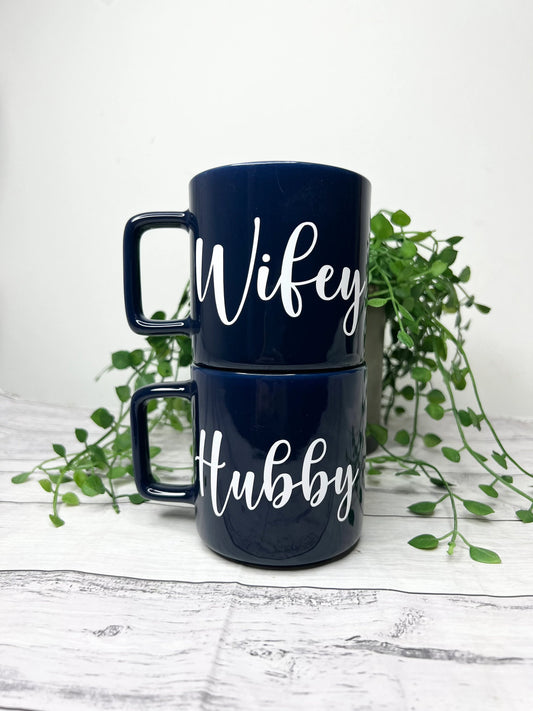 Hubby and Wifey Navy Mugs With white writing Mug set 320ml