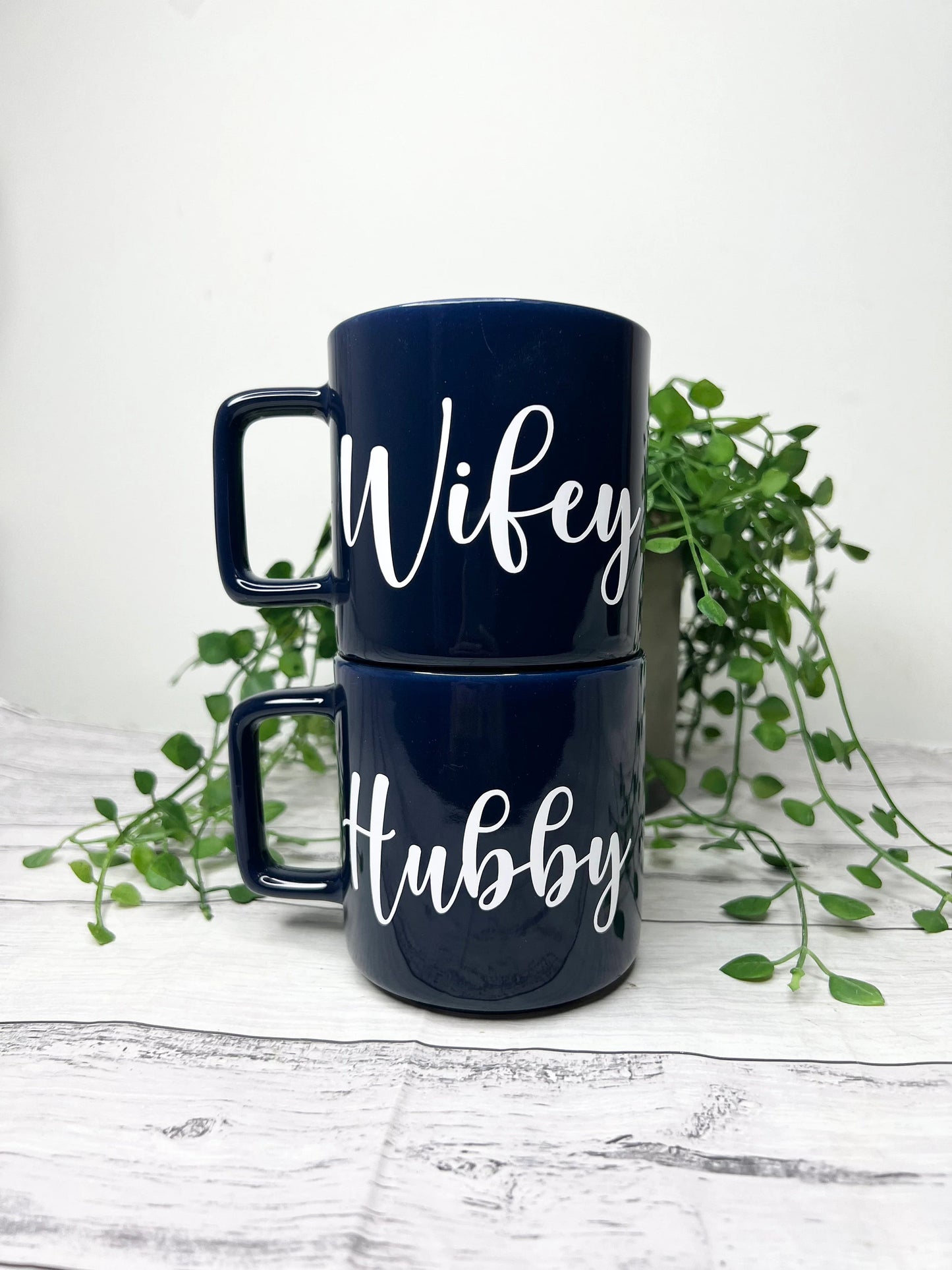 Hubby and Wifey Navy Mugs With white writing Mug set 320ml