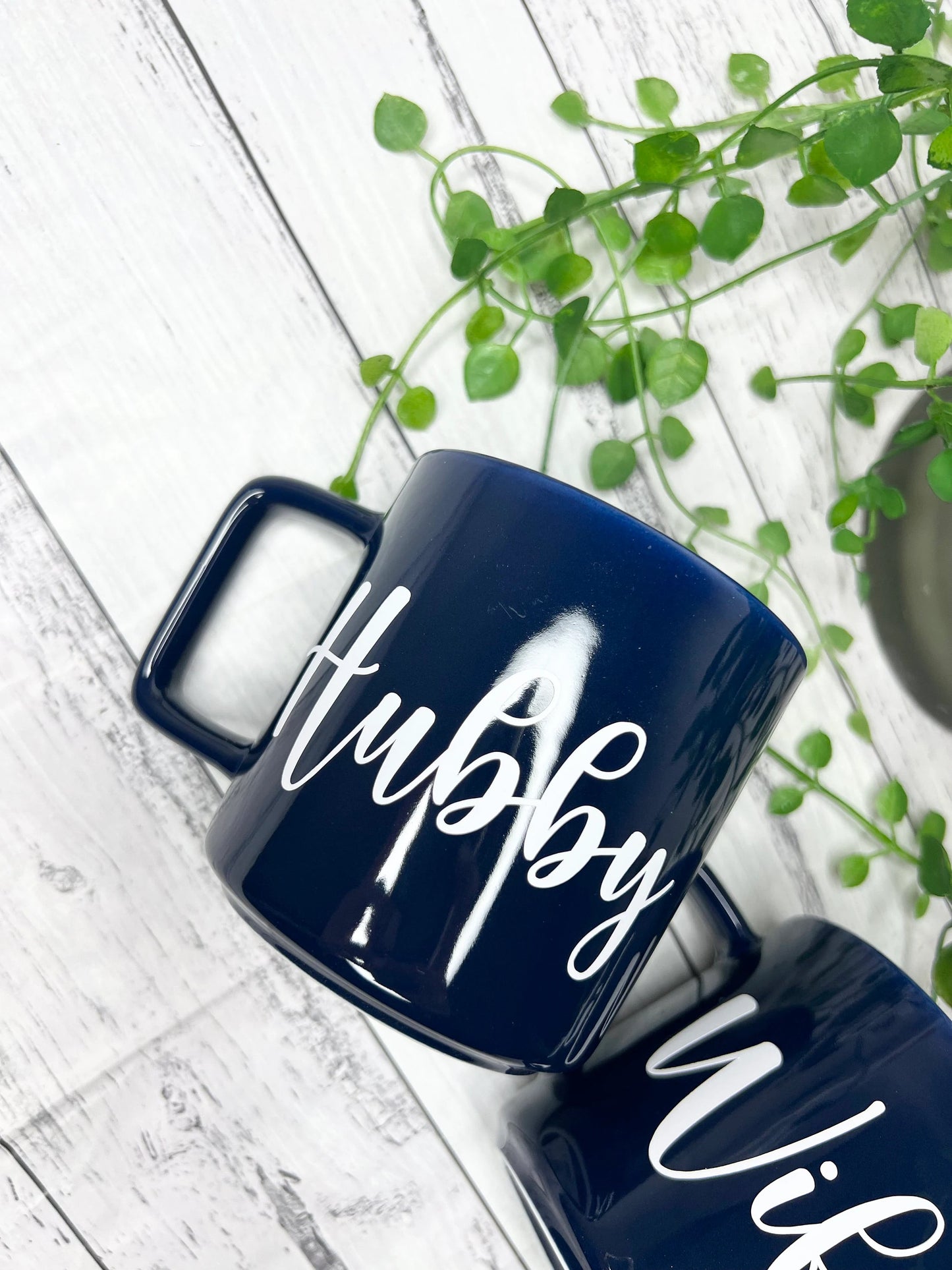 Hubby and Wifey Navy Mugs With white writing Mug set 320ml