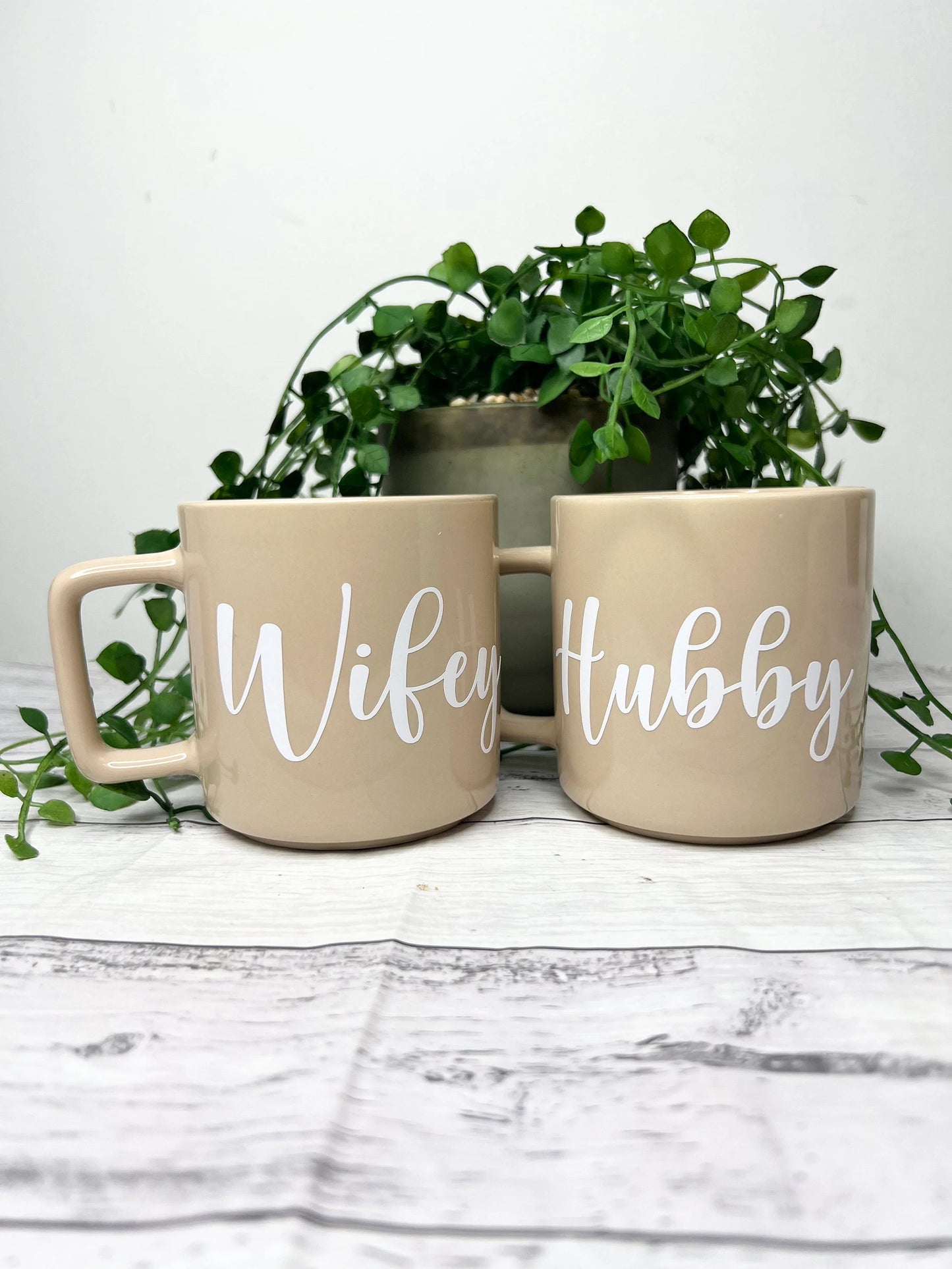Hubby and Wifey Beige Mugs With white writing Mug set 320ml