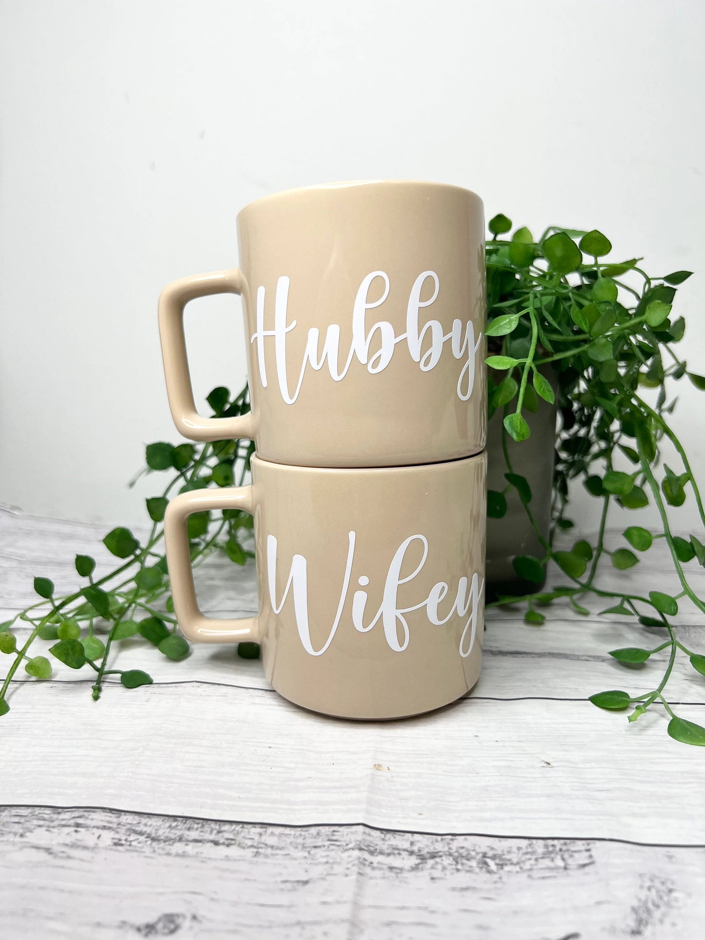 Hubby and Wifey Beige Mugs With white writing Mug set 320ml