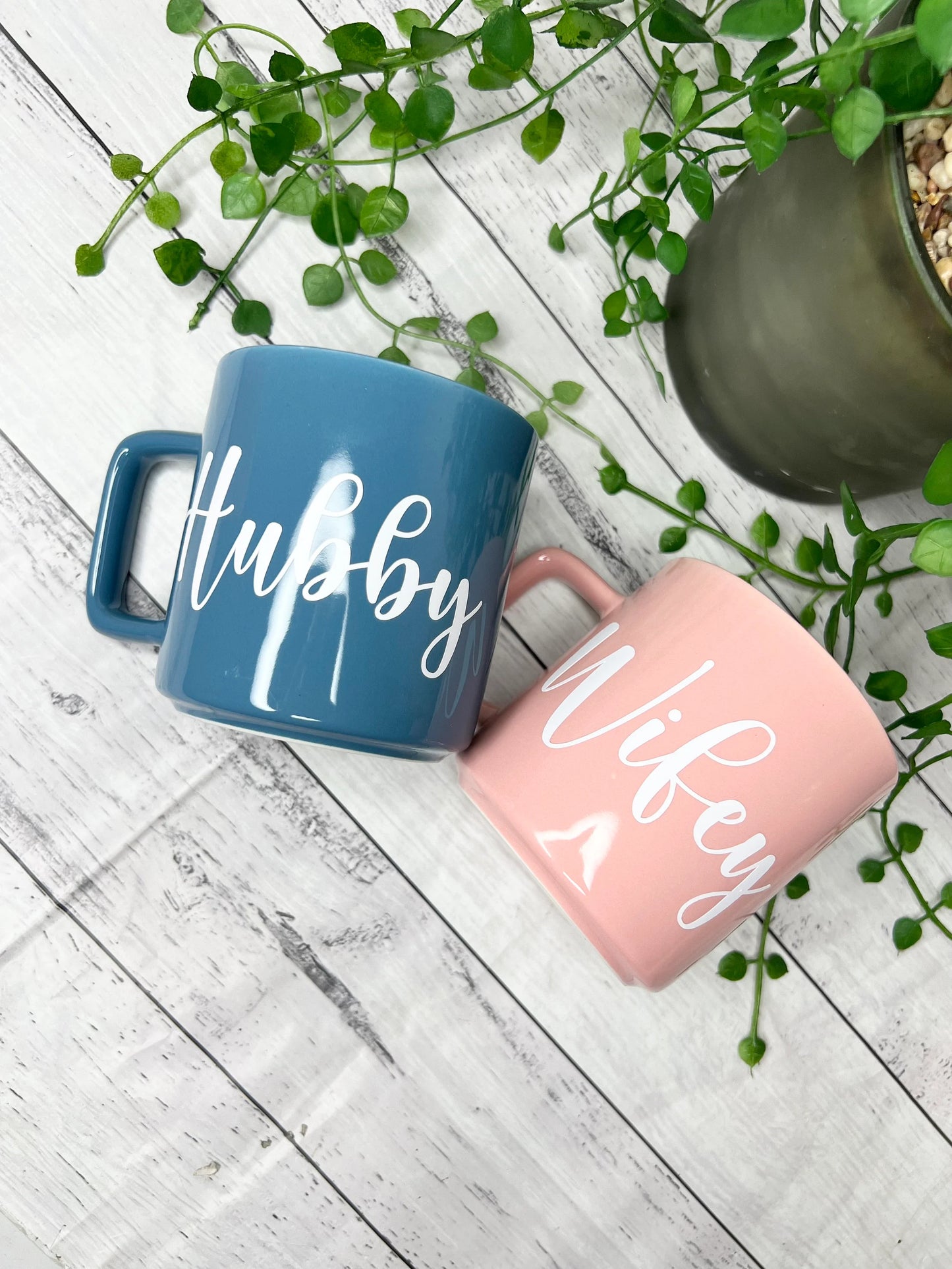 Hubby and wifey Pink and Blue Mugs With white writing Mug set 320ml