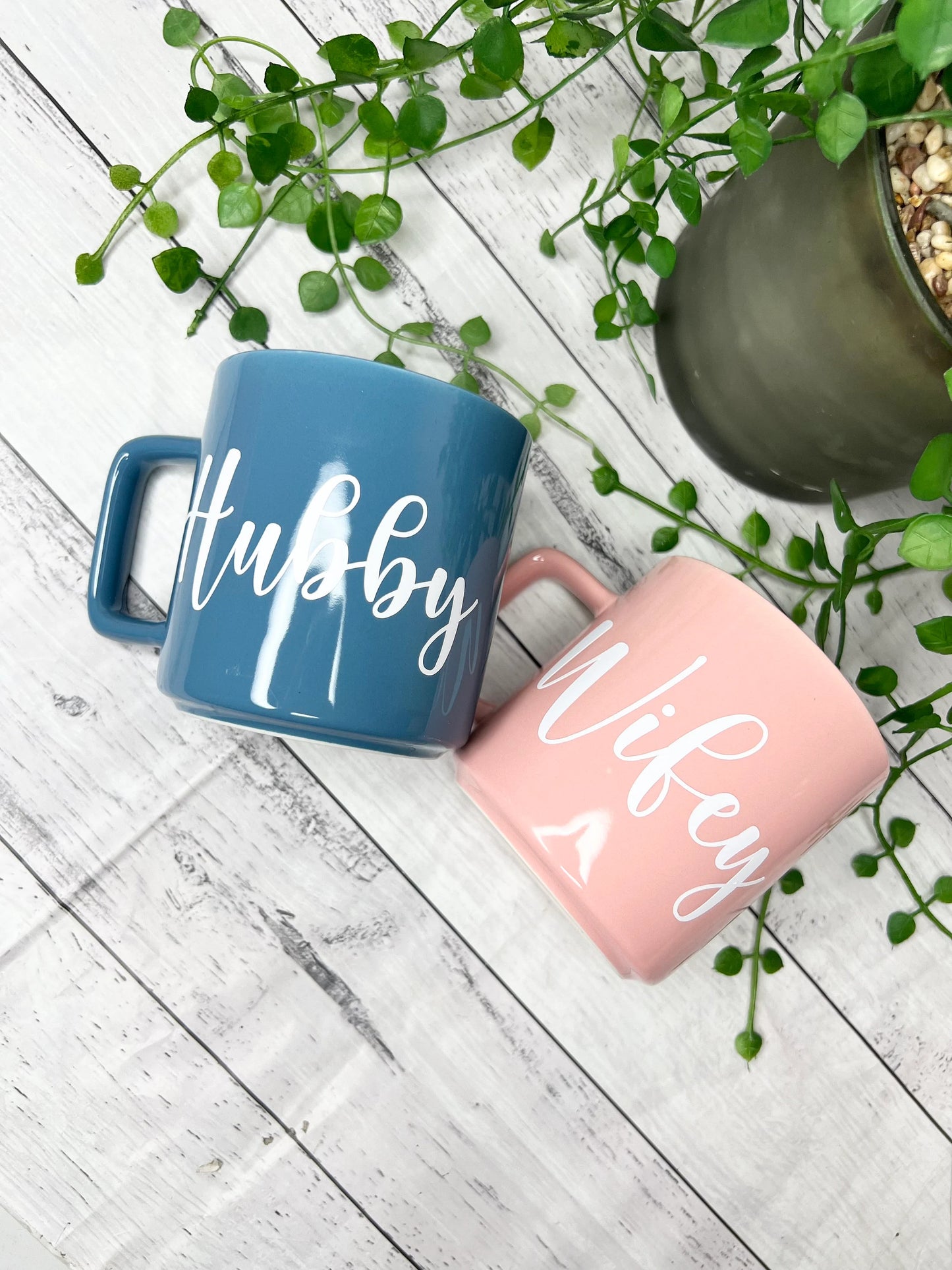 Hubby and wifey Pink and Blue Mugs With white writing Mug set 320ml
