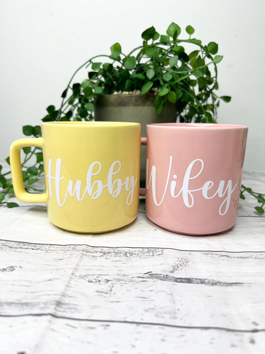 Hubby and wifey Pink and Yellow Mugs With white writing Mug set 320ml