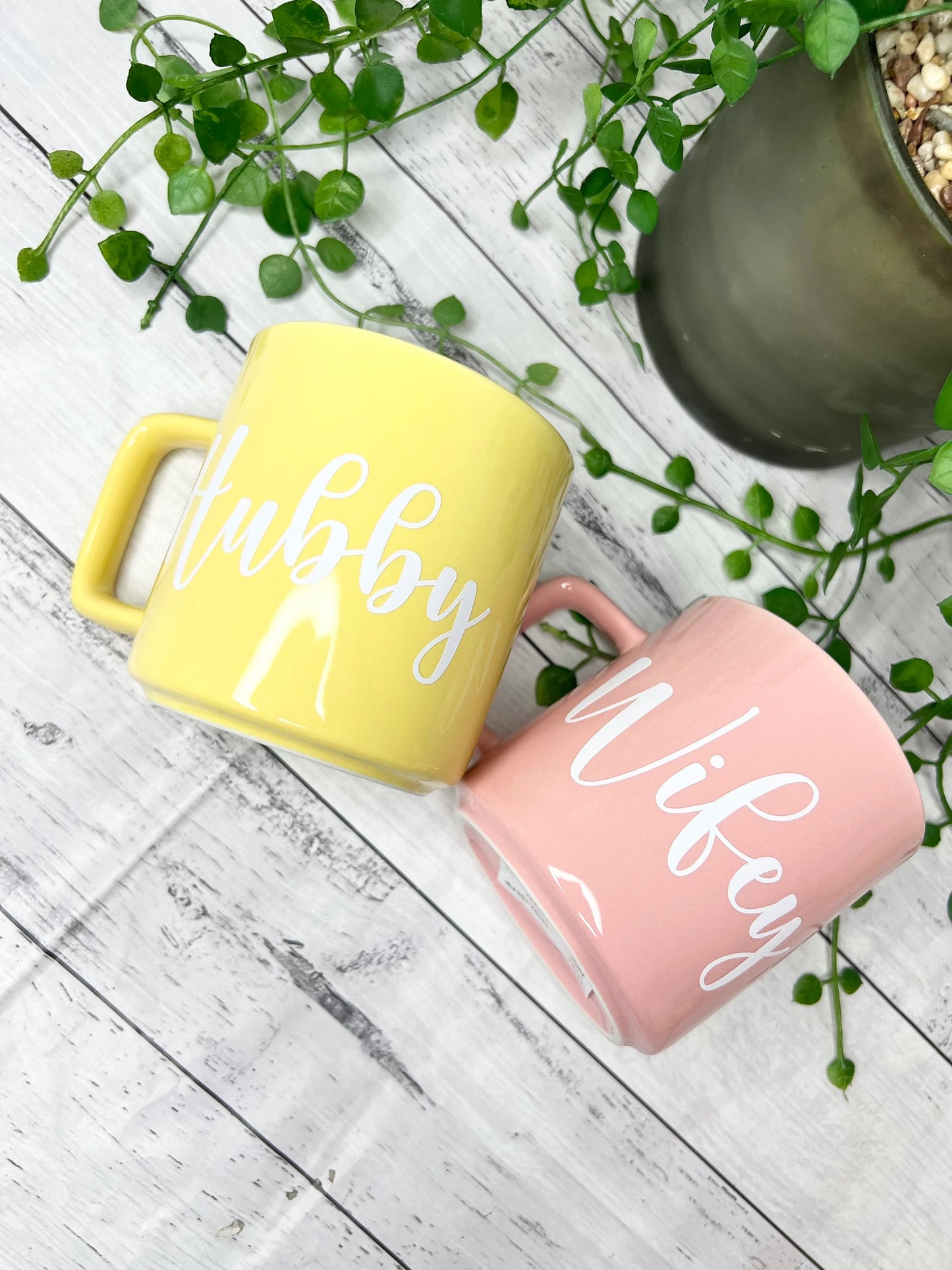 Hubby and wifey Pink and Yellow Mugs With white writing Mug set 320ml