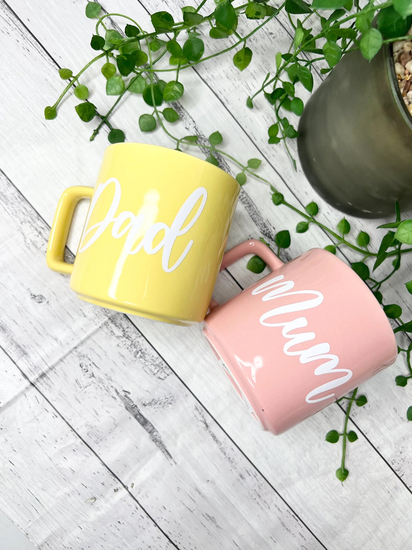 Mum and Dad Pink and Yellow Mugs With white writing Mug set 320ml