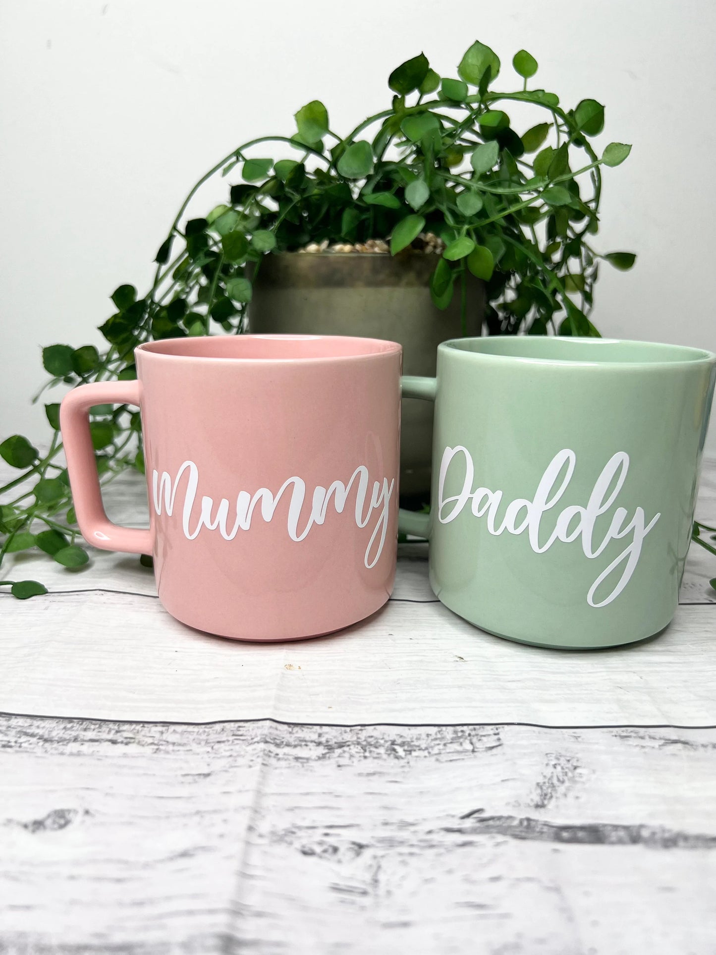 Mummy and Daddy Pink and Green Mugs With white writing Mug set 320ml