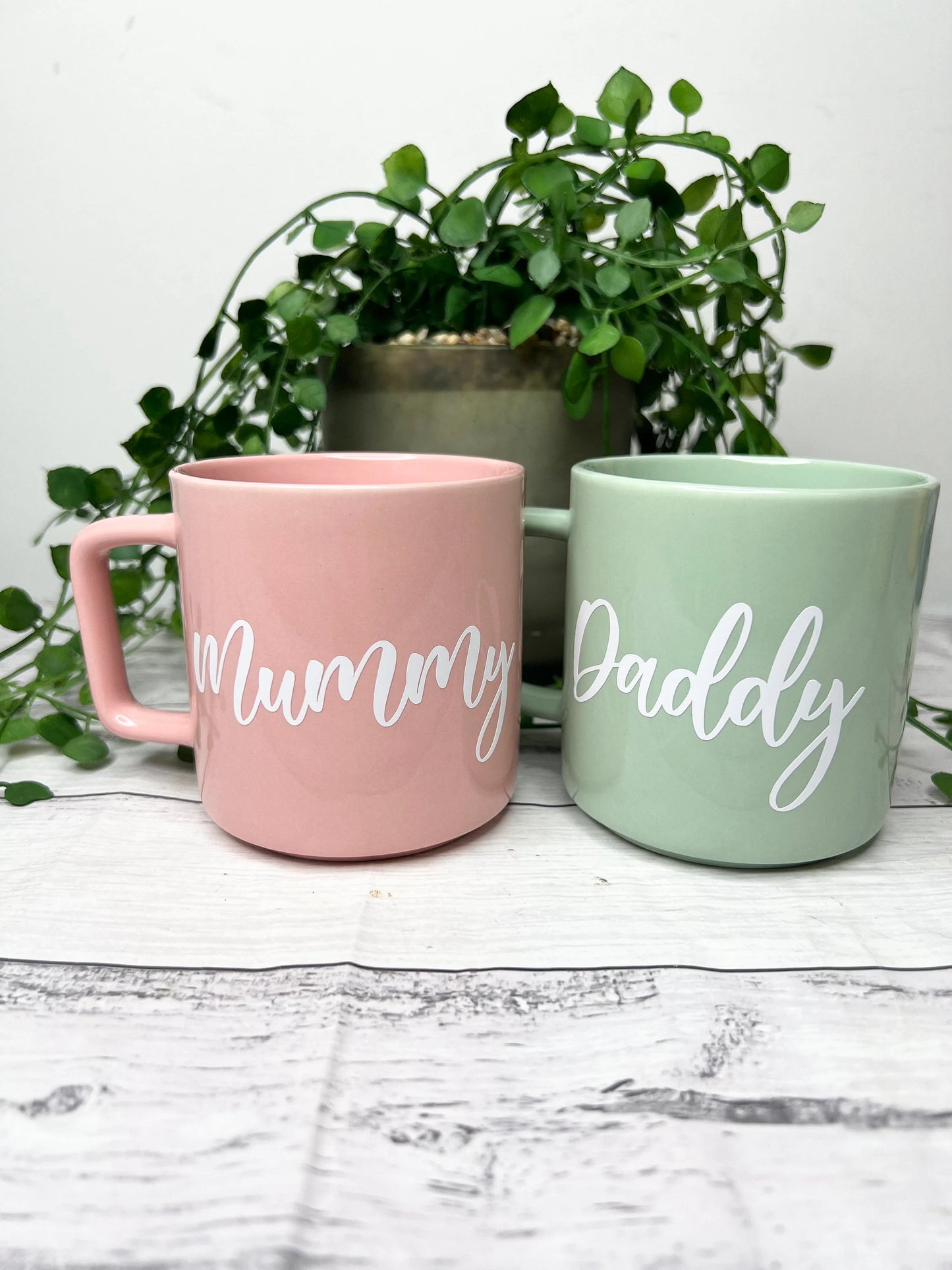 Mummy and Daddy Pink and Green Mugs With white writing Mug set 320ml