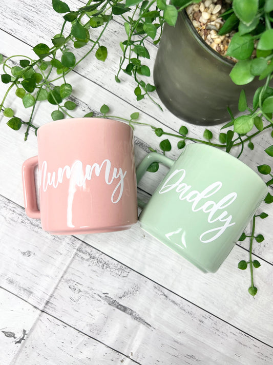 Mummy and Daddy Pink and Green Mugs With white writing Mug set 320ml