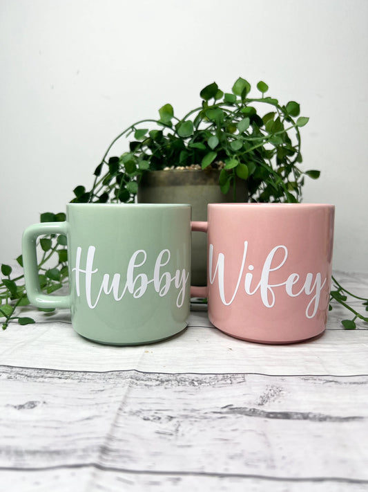 Hubby and Wifey Pink and Green Mugs With white writing Mug set 320ml