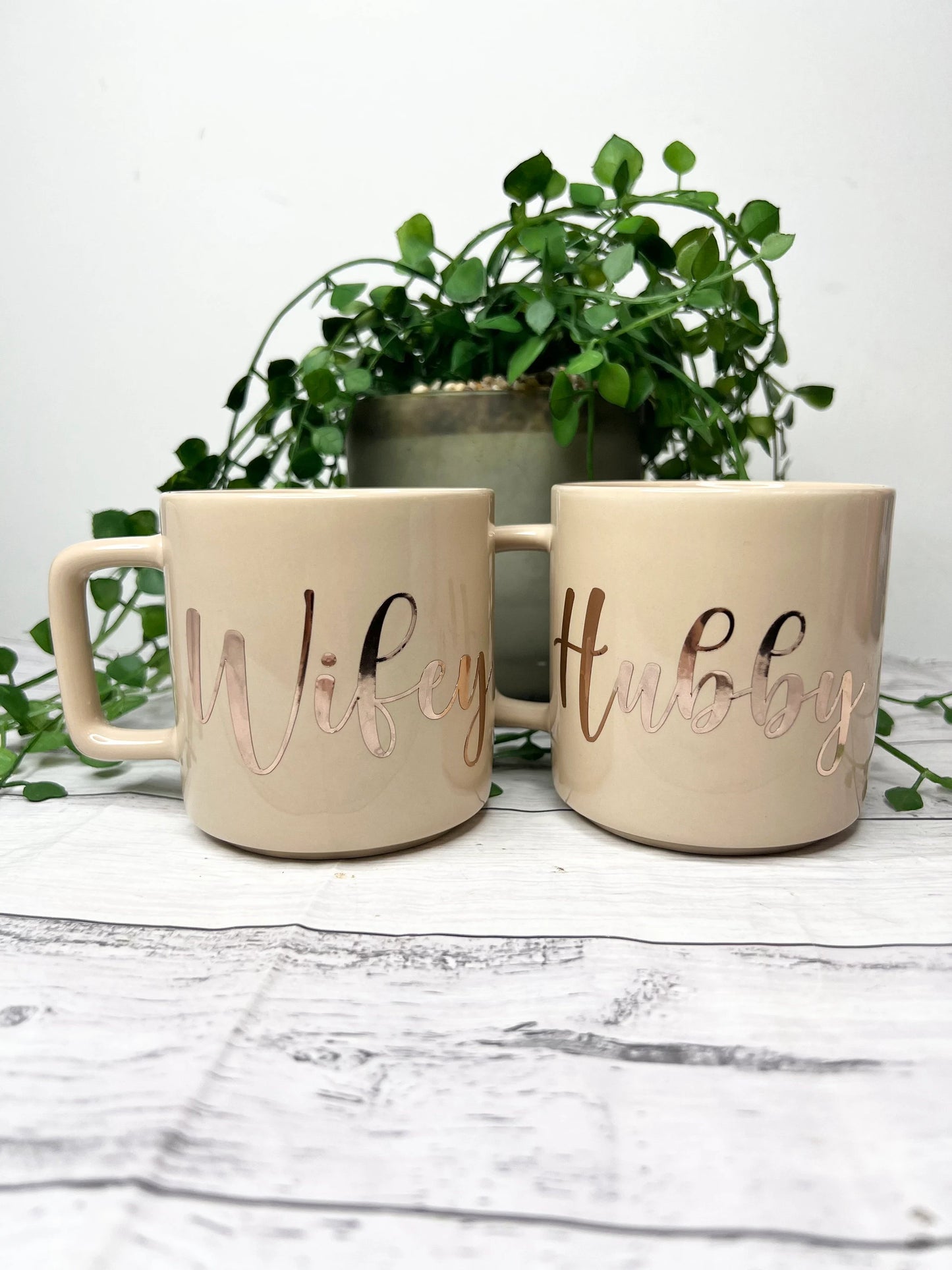 Hubby and Wifey Beige Mugs With Rose Gold writing Mug set 320ml