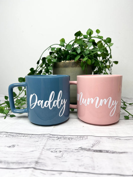 Mummy and Daddy  Pink and Blue Mugs With white writing Mug set 320ml