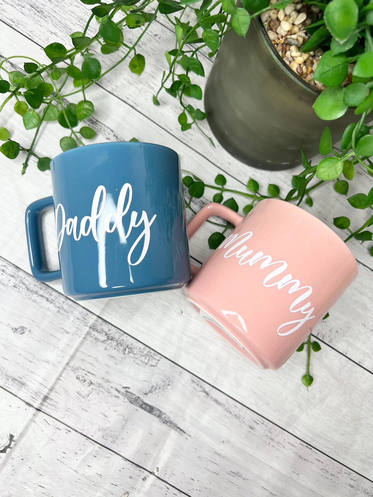 Mummy and Daddy  Pink and Blue Mugs With white writing Mug set 320ml