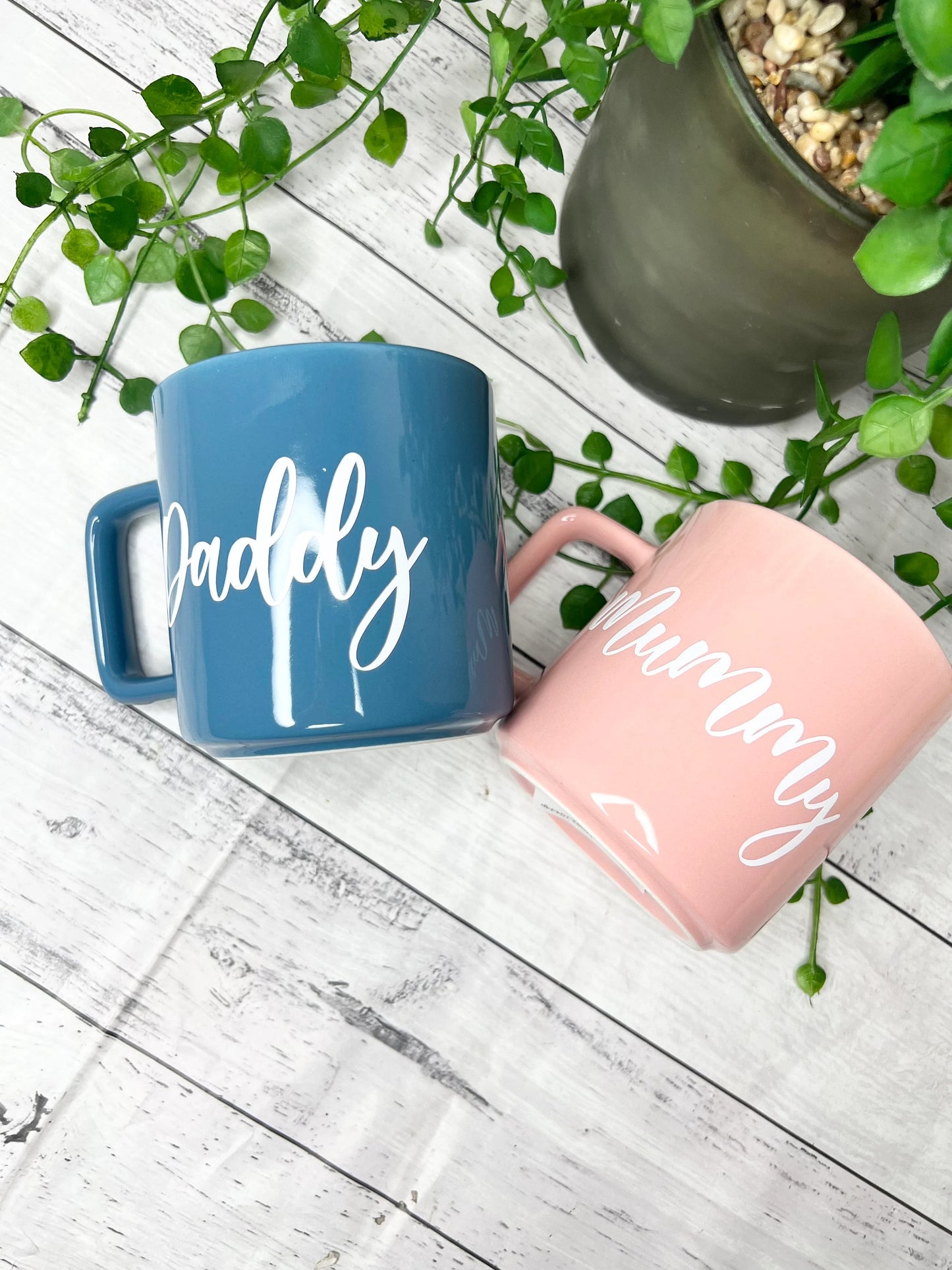 Mummy and Daddy  Pink and Blue Mugs With white writing Mug set 320ml