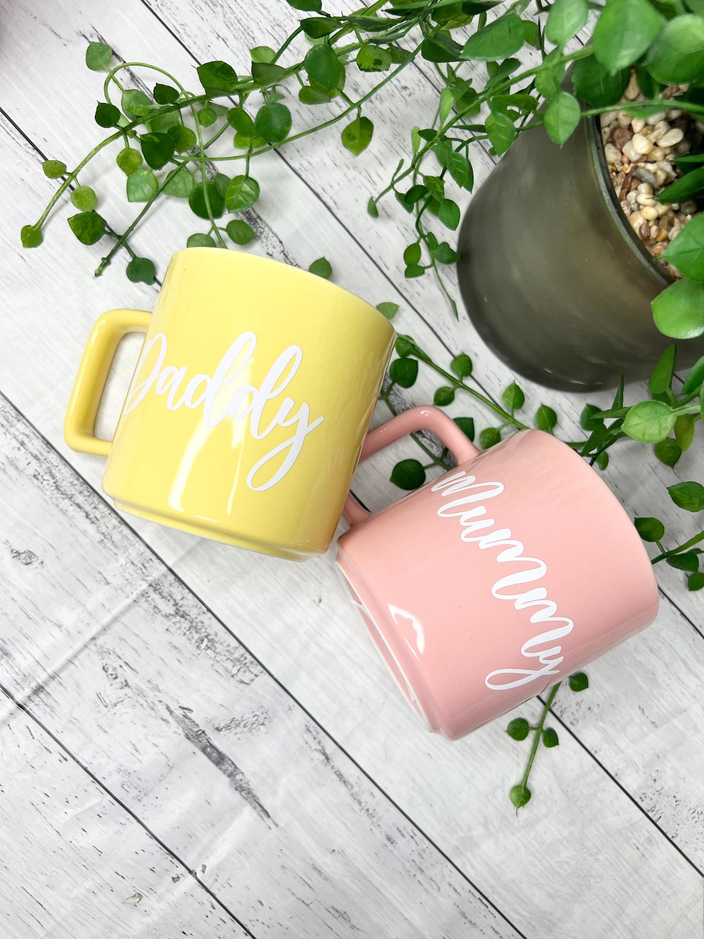 Mummy and daddy Pink and Yellow Mug with White writing Mug set 320ml