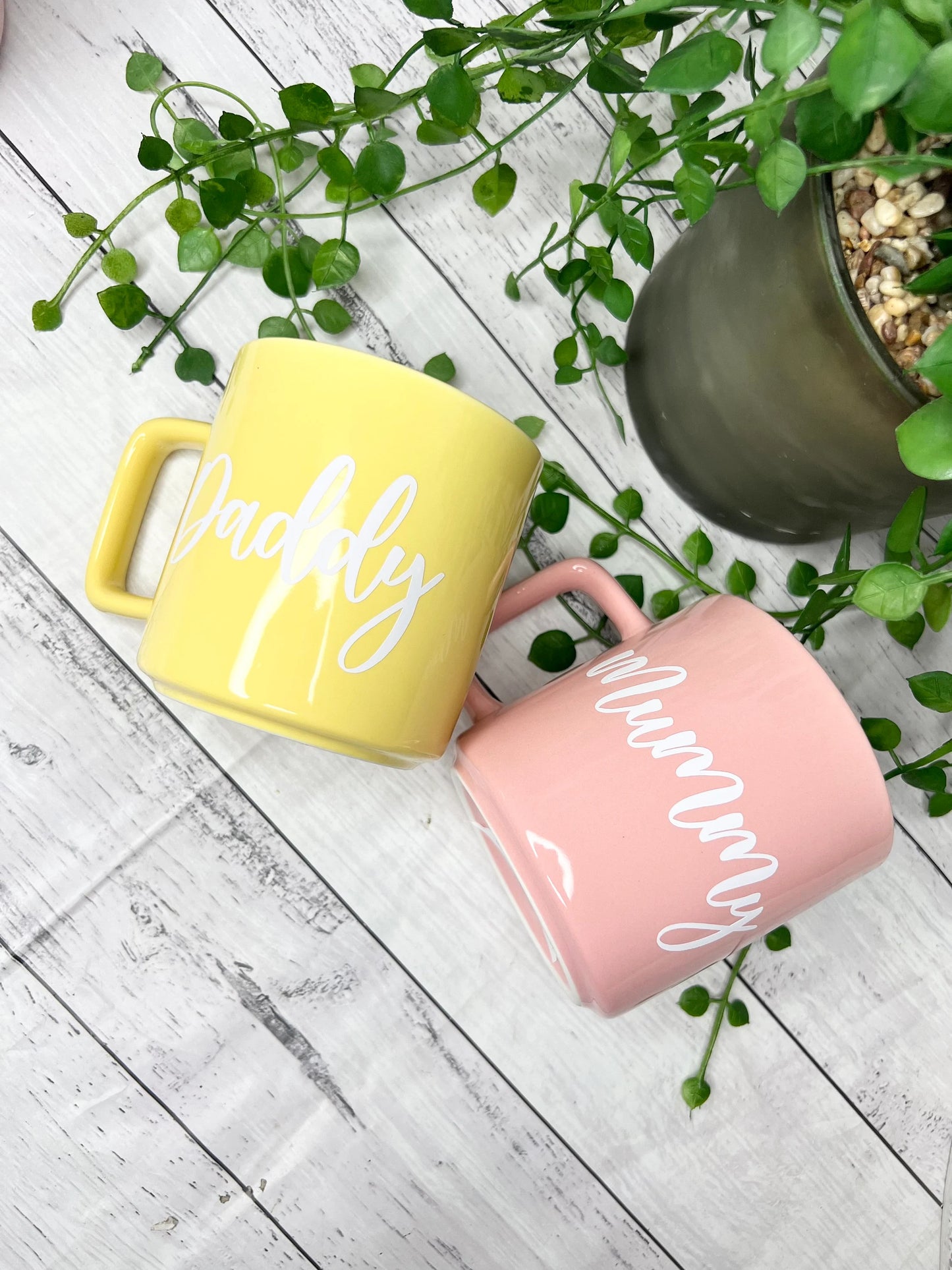 Mummy and daddy Pink and Yellow Mug with White writing Mug set 320ml