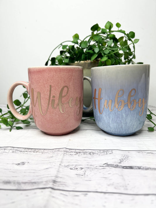 Hubby and Wifey  Pink and Blue Mug with Rose Gold Matte writing Mug set 380ml
