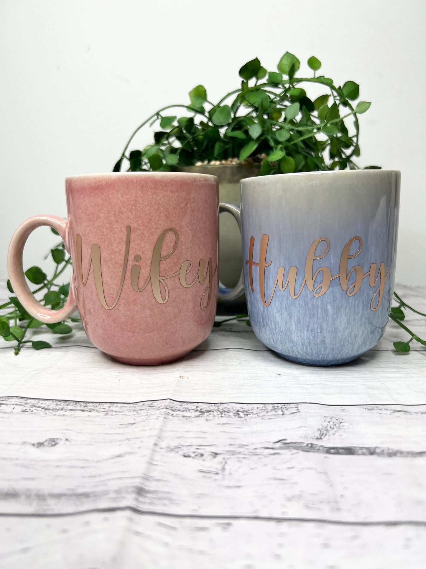 Hubby and Wifey  Pink and Blue Mug with Rose Gold Matte writing Mug set 380ml