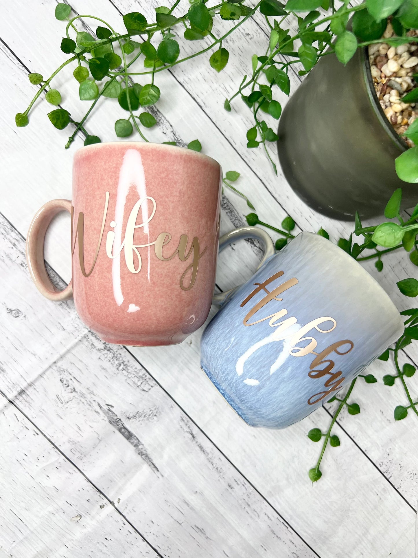 Hubby and Wifey  Pink and Blue Mug with Rose Gold Matte writing Mug set 380ml