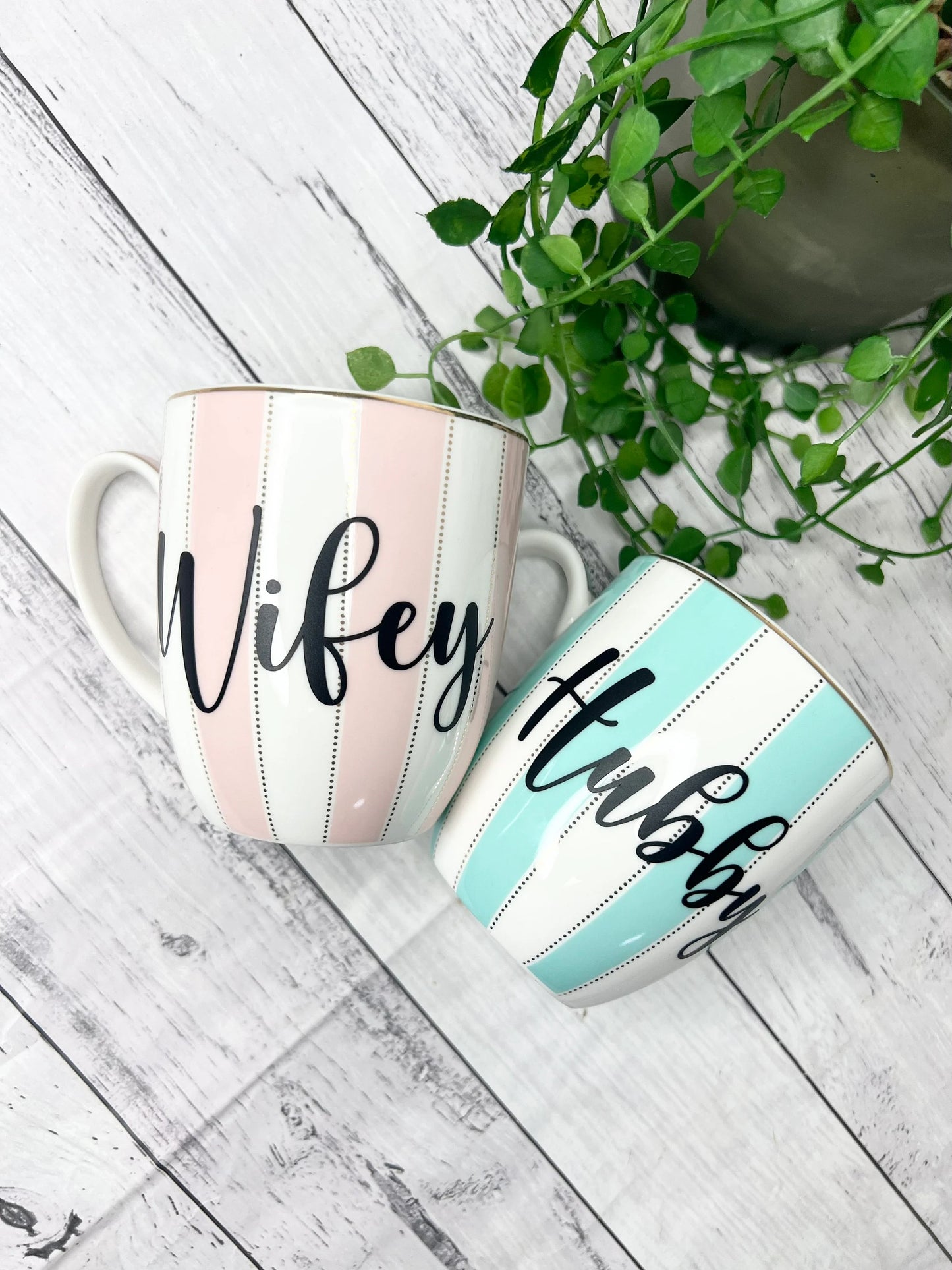 Hubby and wifey stripe mug green and pink couple set with black writing 400ml